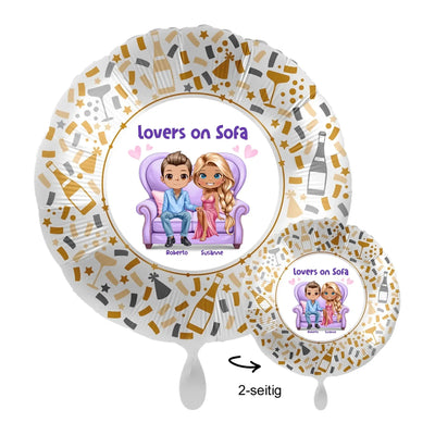 Personalisierbarer 43cm luftballon mit gold-silbernem konfettimuster und cartoonpaar auf lila sofa lovers on sofa text