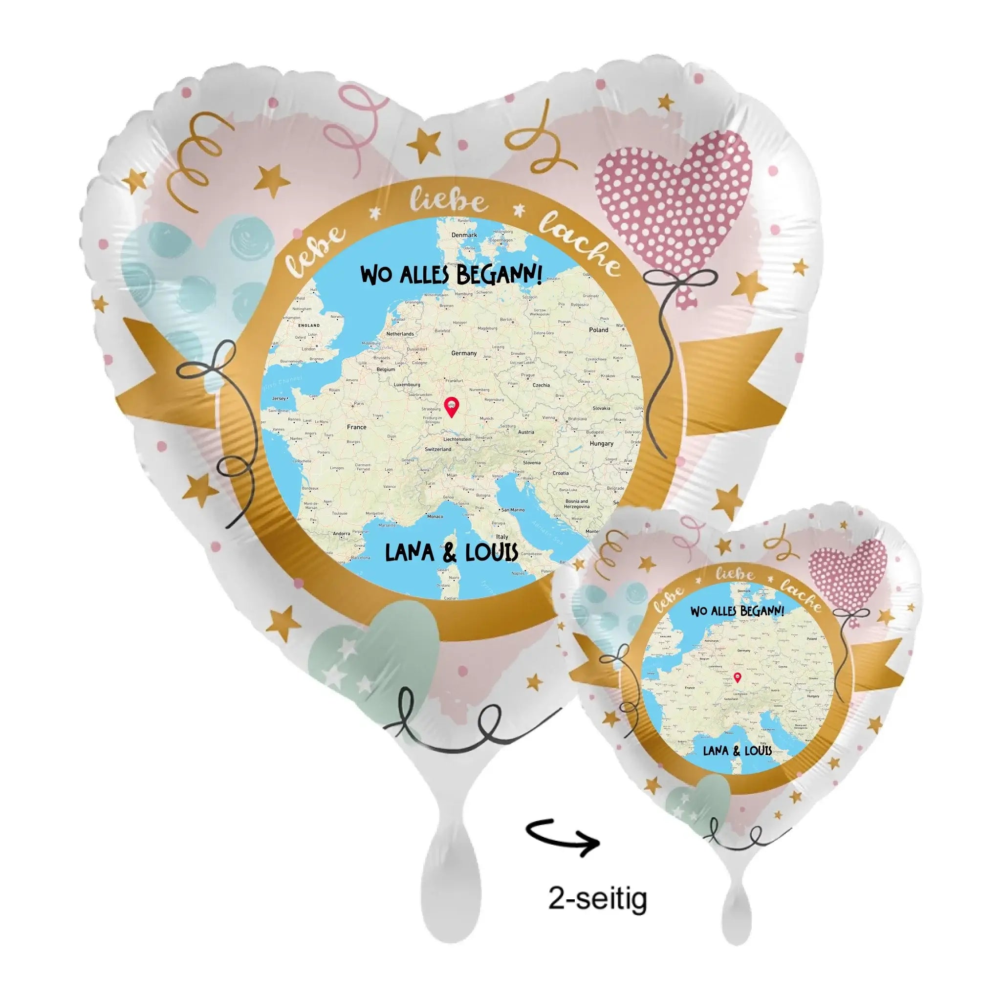 Personalisierbarer 43cm herzförmiger folienballon mit europakarte in pastellpink gold und hellblau mit namen lama und louis