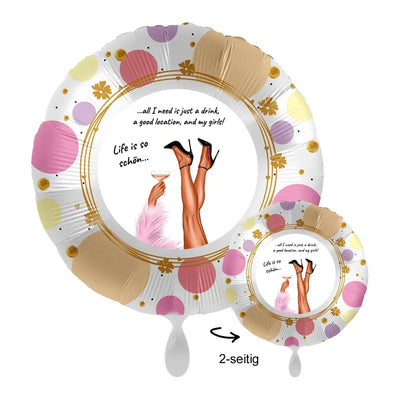 Pink und gold gepunkteter folieballon mit illustration von beinen in high heels und cocktailglas 43cm luftballon