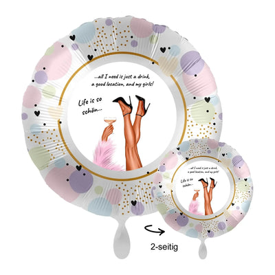Personalisierbarer pastellfarbener zwei-seitiger folieballon mit grafik beine in high heels hält drink und goldpunkten