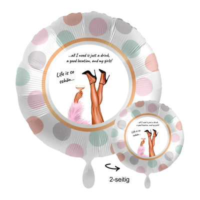 Aweißer 43cm folieballon mit pastellpünktchen und beinen in high heels, text life is so schön und party-spruch