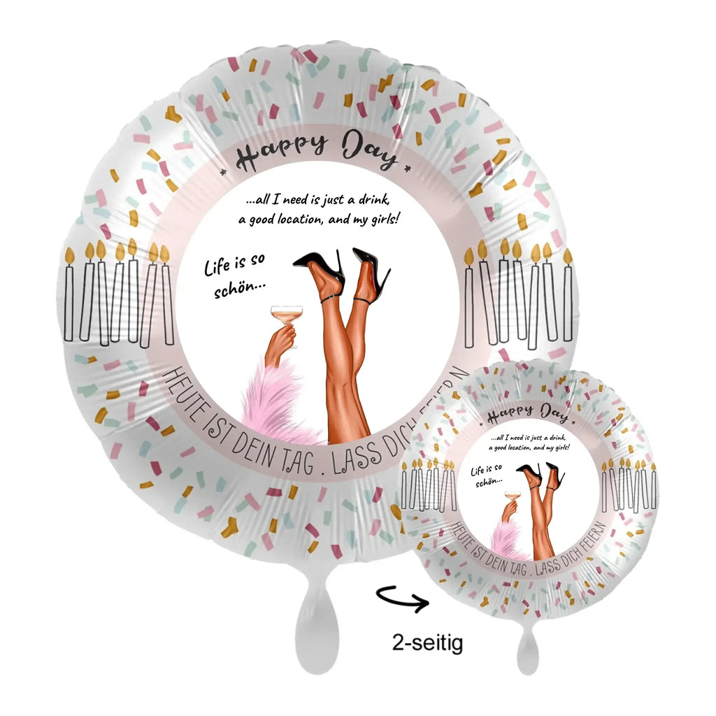 Personalisierbarer party legs luftballon aus folie mit confetti und kerzen motiv und beinen in high heels