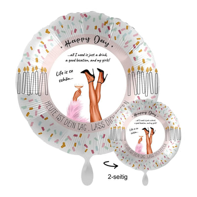 Personalisierbarer party legs luftballon aus folie mit confetti und kerzen motiv und beinen in high heels