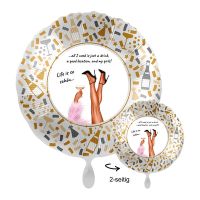 Personalisierbarer 43cm party luftballon mit gold silber konfetti und illustration von beinen in schwarzen heels mit champagnerglas und Text life is so schön all i need is just drink good location und my girls