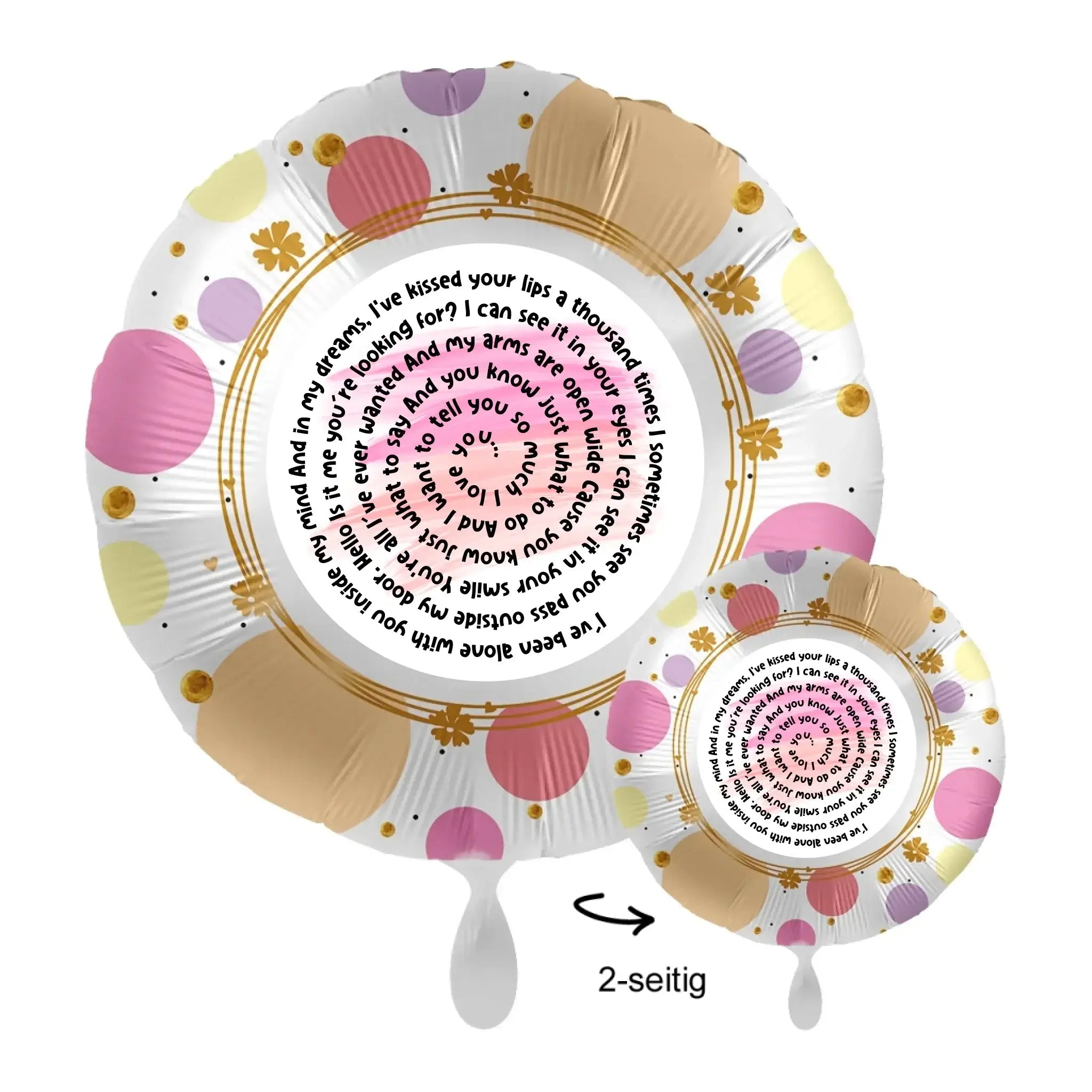 Personalisierbarer 43cm luftballon aus folie in rosa lila gold mit punkten und romantischer schrift spiraltext