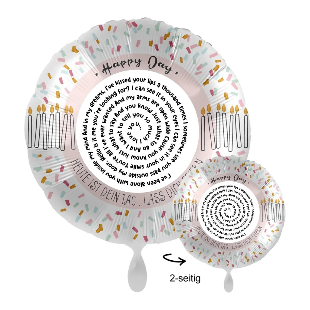 Weißer zweiseitiger 43cm spiraltext luftballon mit farbigem konfetti und kerzenmotiv personalisierbar mit spotify songtext oder wunschtext