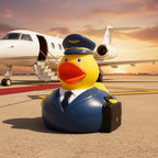 Gelbe quietsche-ente als pilot im blauen uniform mit goldbesatz und passender mütze mit emblem