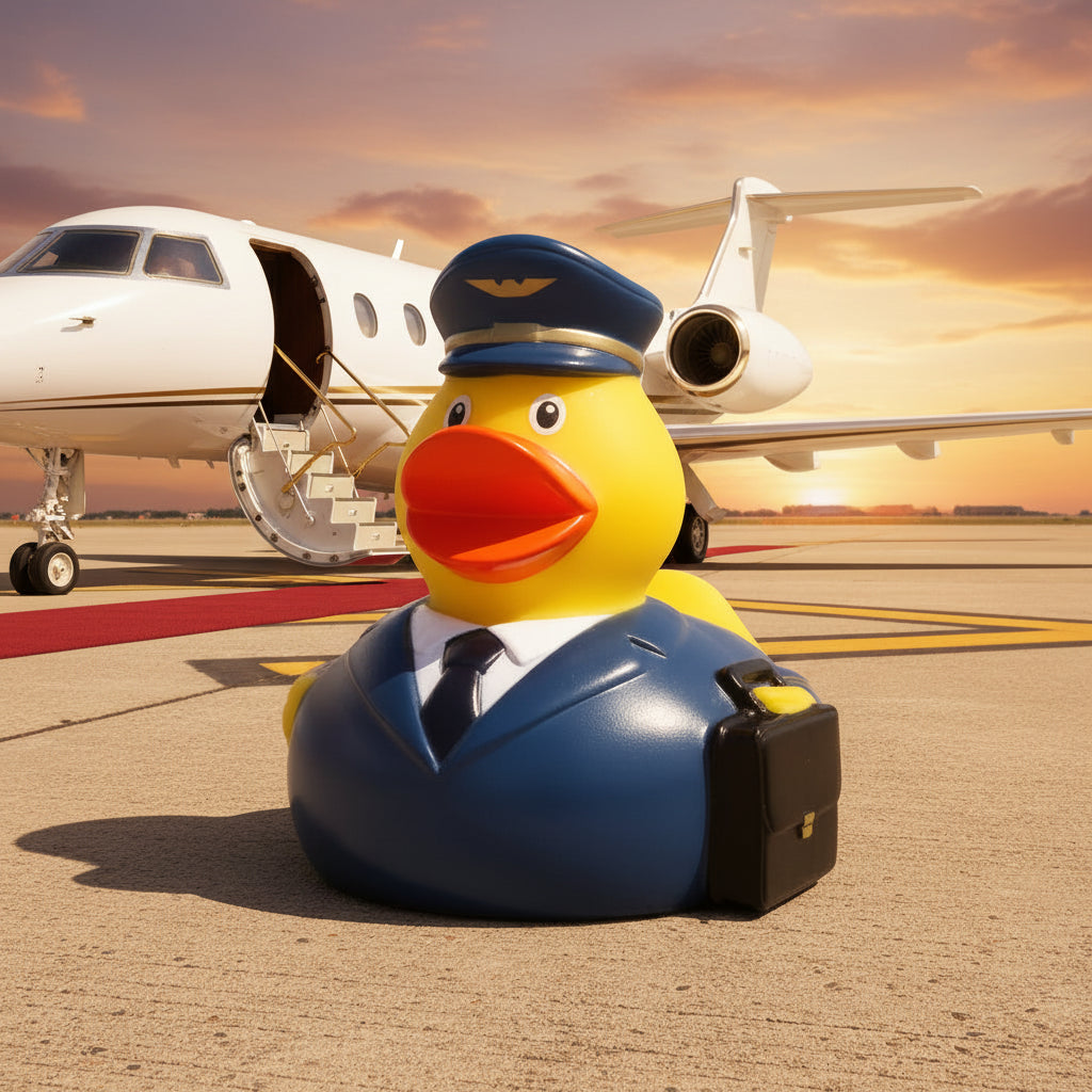 Gelbe quietsche-ente als pilot im blauen uniform mit goldbesatz und passender mütze mit emblem