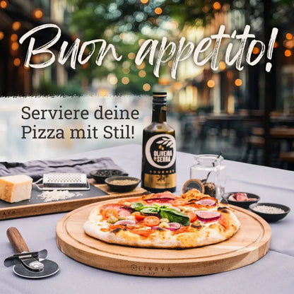 Pizzabrett/Pizzateller 'MARIO' 2er Set rund mit Pizzaschneider ⌀35cm groß aus FSC®-zertifiziertem Akazien-Holz