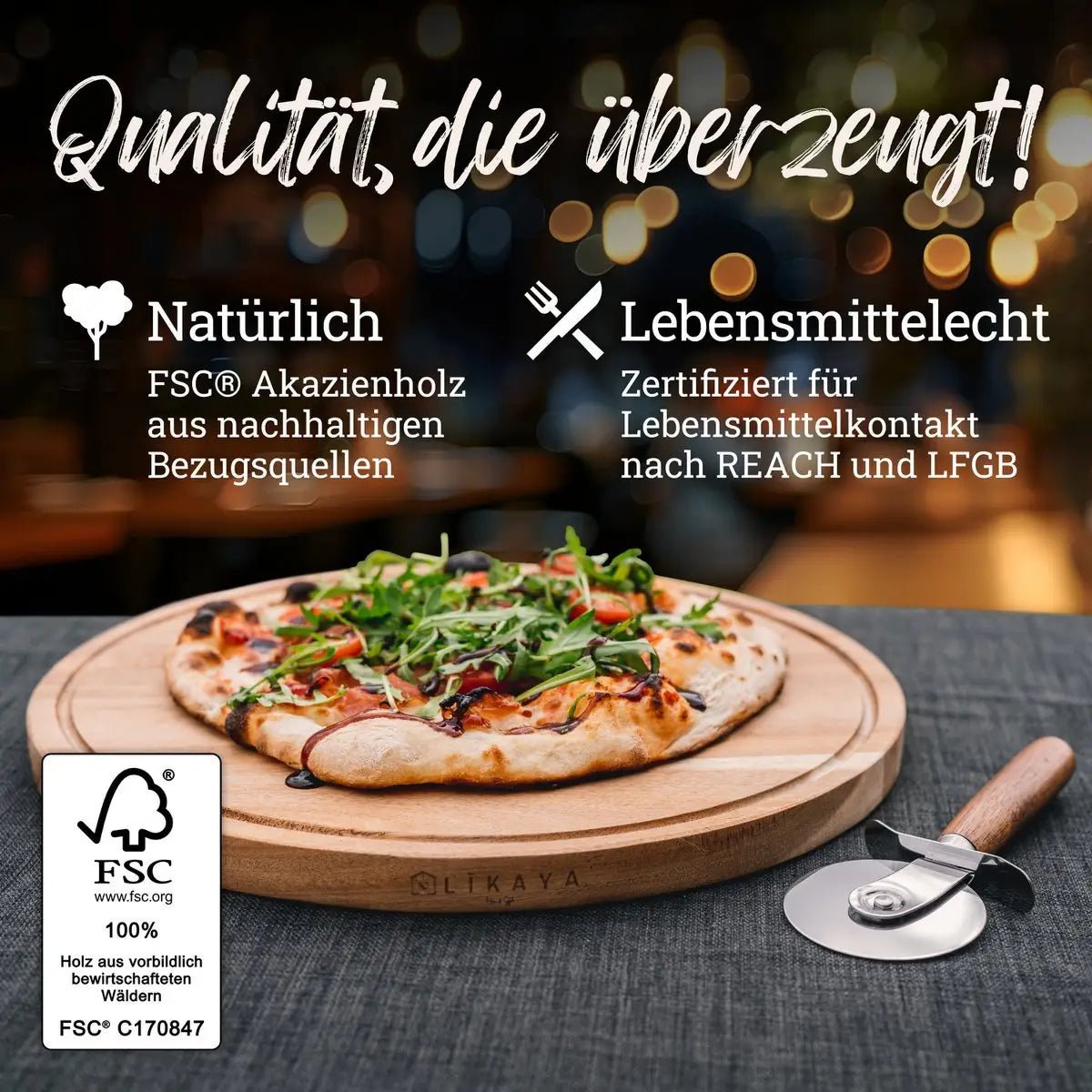 Pizzabrett/Pizzateller 'MARIO' 2er Set rund mit Pizzaschneider ⌀35cm groß aus FSC®-zertifiziertem Akazien-Holz