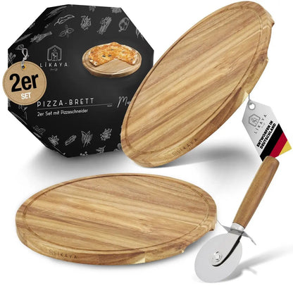 Pizzabrett/Pizzateller 'MARIO' 2er Set rund mit Pizzaschneider ⌀35cm groß aus FSC®-zertifiziertem Akazien-Holz