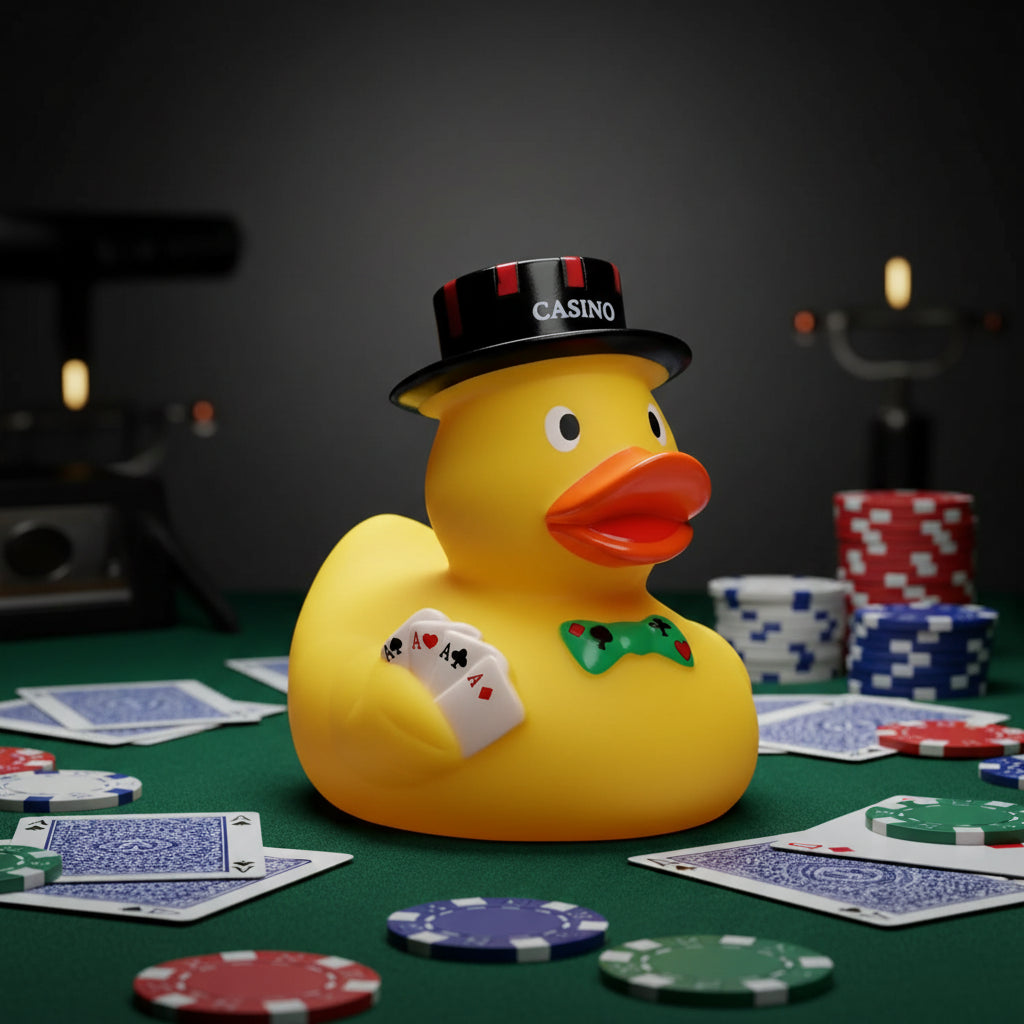 Gelbe quietscheente mit schwarzem zylinder und grünem schleifenband mit spielkartensymbolen poker badeente