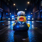 Gelbe polizist quietsche-ente in marineblauem uniform mit weißem hut und schwarzem walkie-talkie aus badeente material