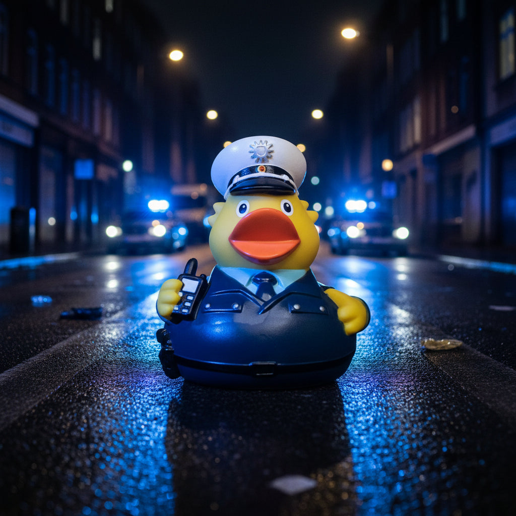 Gelbe polizist quietsche-ente in marineblauem uniform mit weißem hut und schwarzem walkie-talkie aus badeente material