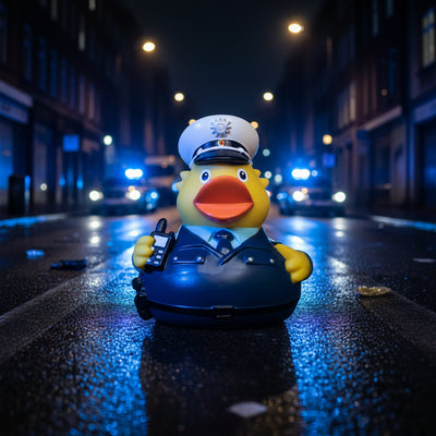 Gelbe polizist quietsche-ente in marineblauem uniform mit weißem hut und schwarzem walkie-talkie aus badeente material
