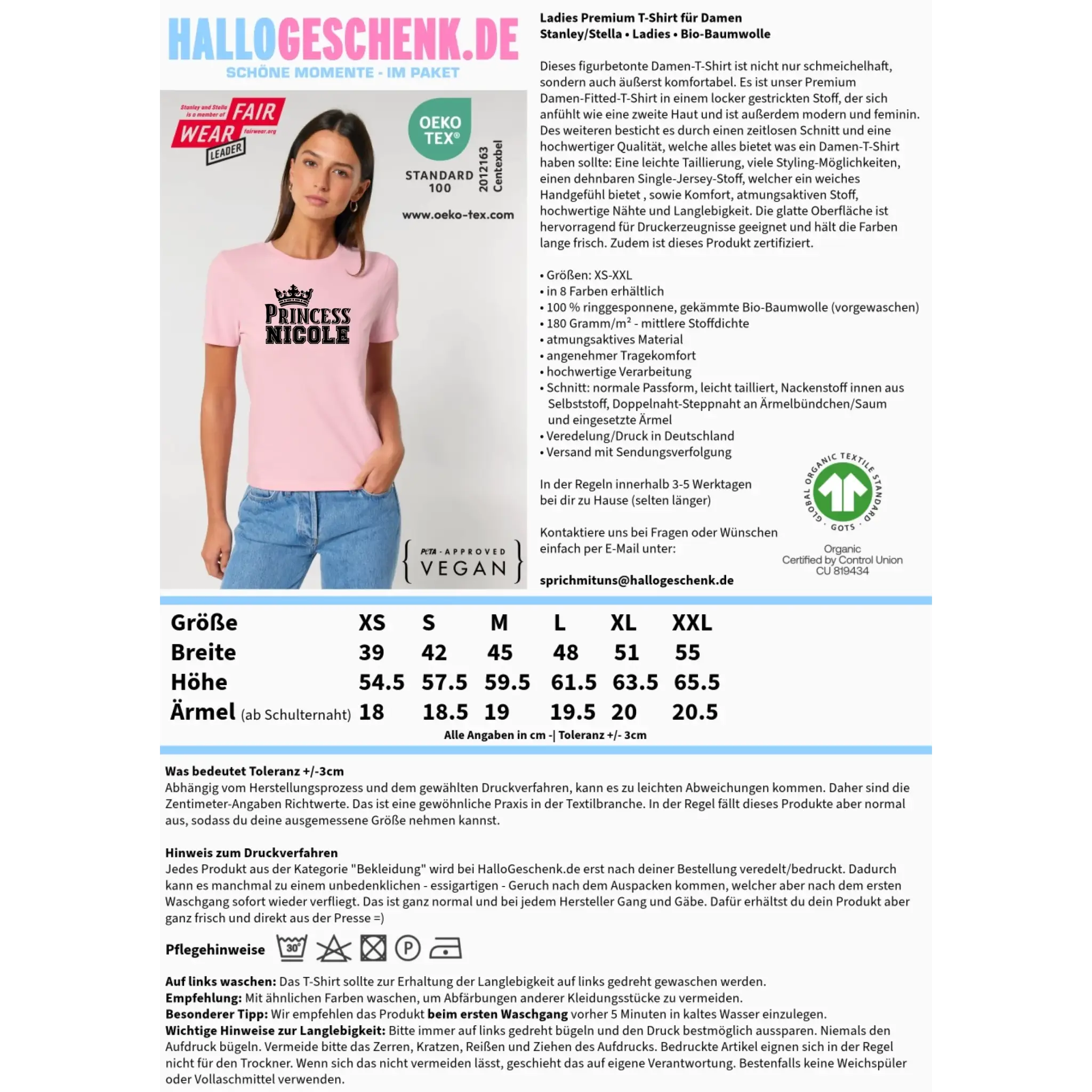PRINCESS + WUNSCHNAME • Ladies Premium T-Shirt XS-2XL aus Bio-Baumwolle für Damen • Exklusivdesign • personalisiert