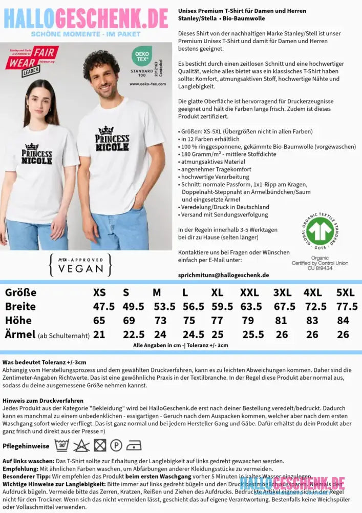 PRINCESS + WUNSCHNAME • Unisex Premium T-Shirt XS-5XL aus Bio-Baumwolle für Damen & Herren • Exklusivdesign • personalisiert