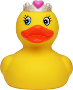 Princessin quietsche-ente gelb mit silberner krone und pinkem herz als badeente
