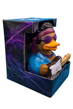 Purple-waves gummiente mit sonnenbrille und bandana in blauer jacke hält e-gitarre von celebriducks