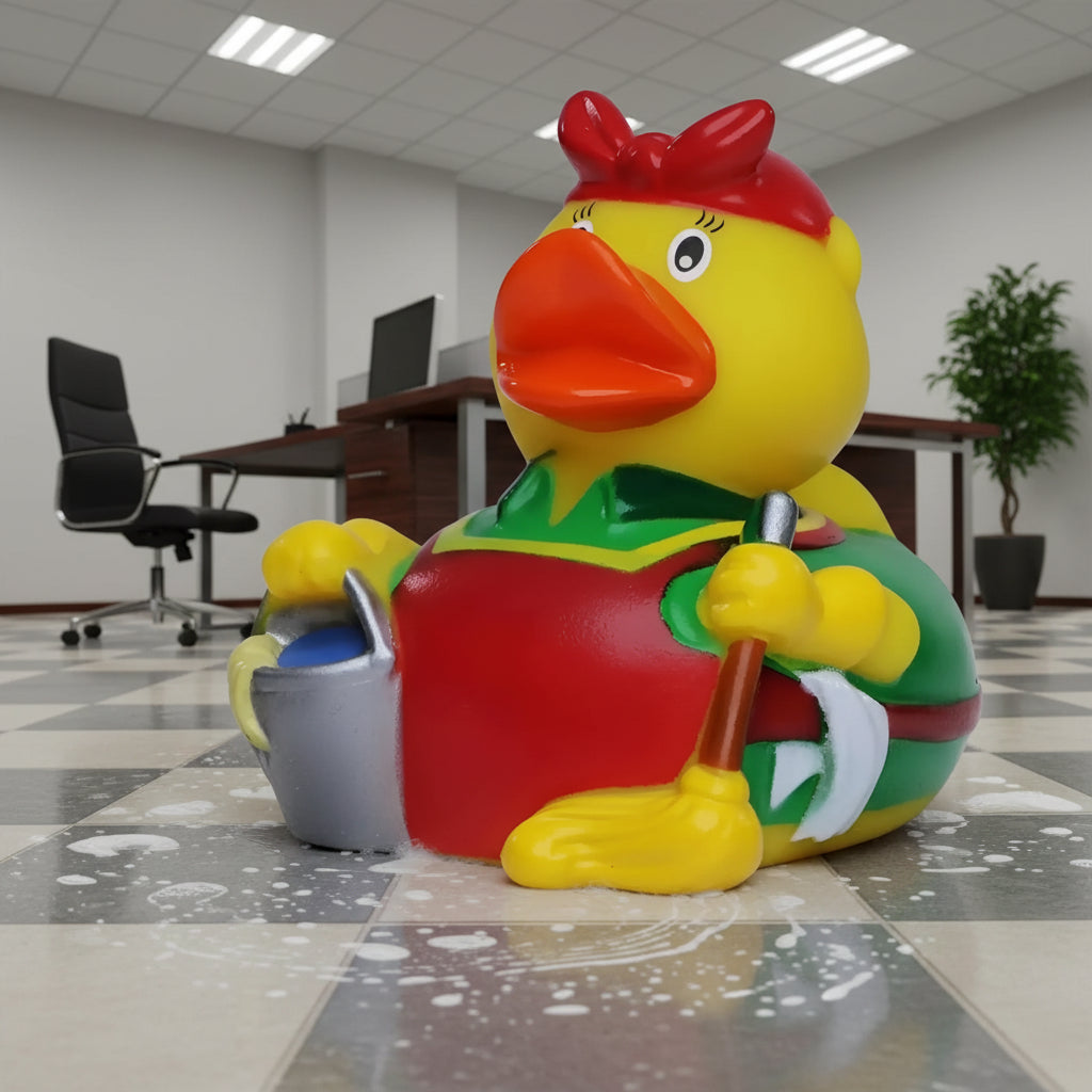 Gelbe badeente putzfee mit roter schleife grünem schürzen mit rotem rand hält besen und eimer