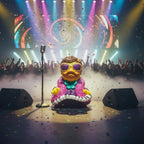 Eine gelbe gummiente als jazzmusiker mit lila sonnenbrille, rosa pelzjacke und mini-klavier von celebriducks