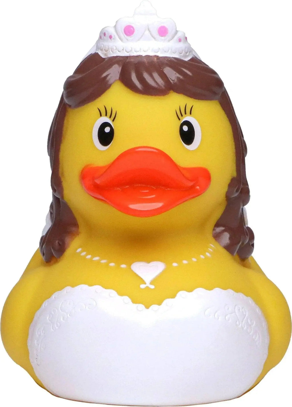 Gelbe quietsche-ente braut mit braunen haaren weißem tiara und hochzeitskleid aus spitze für badezeit