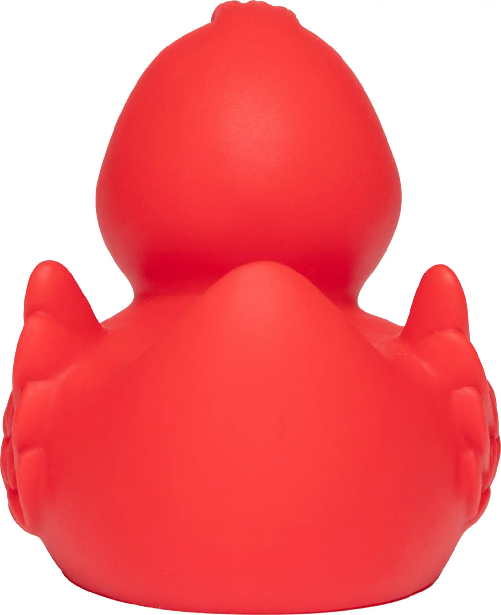 Eine quietsche-ente rot mit besonderer federoptik und glänzendem, glattem finish fürs bad spaß