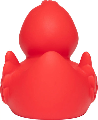 Eine quietsche-ente rot mit besonderer federoptik und glänzendem, glattem finish fürs bad spaß