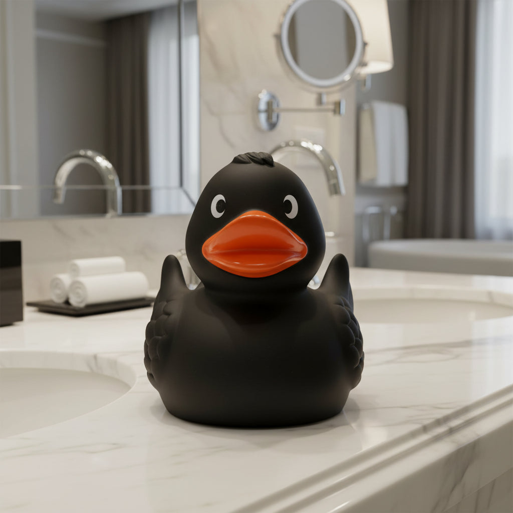 Schwarze Quietscheente mit bright orange beak und weiß eyes in quietsche-ente wings schwarz mit special feather look