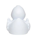 Weiße quietsche-ente wings mit glattem, glänzendem finish und besonderer federoptik aus gummi für badezeit