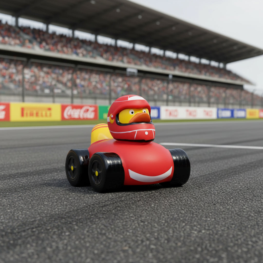 Roter quietsche-ente racer duck mit rotem rennhelm und rennauto mit schwarzen rädern für autorennen spaß