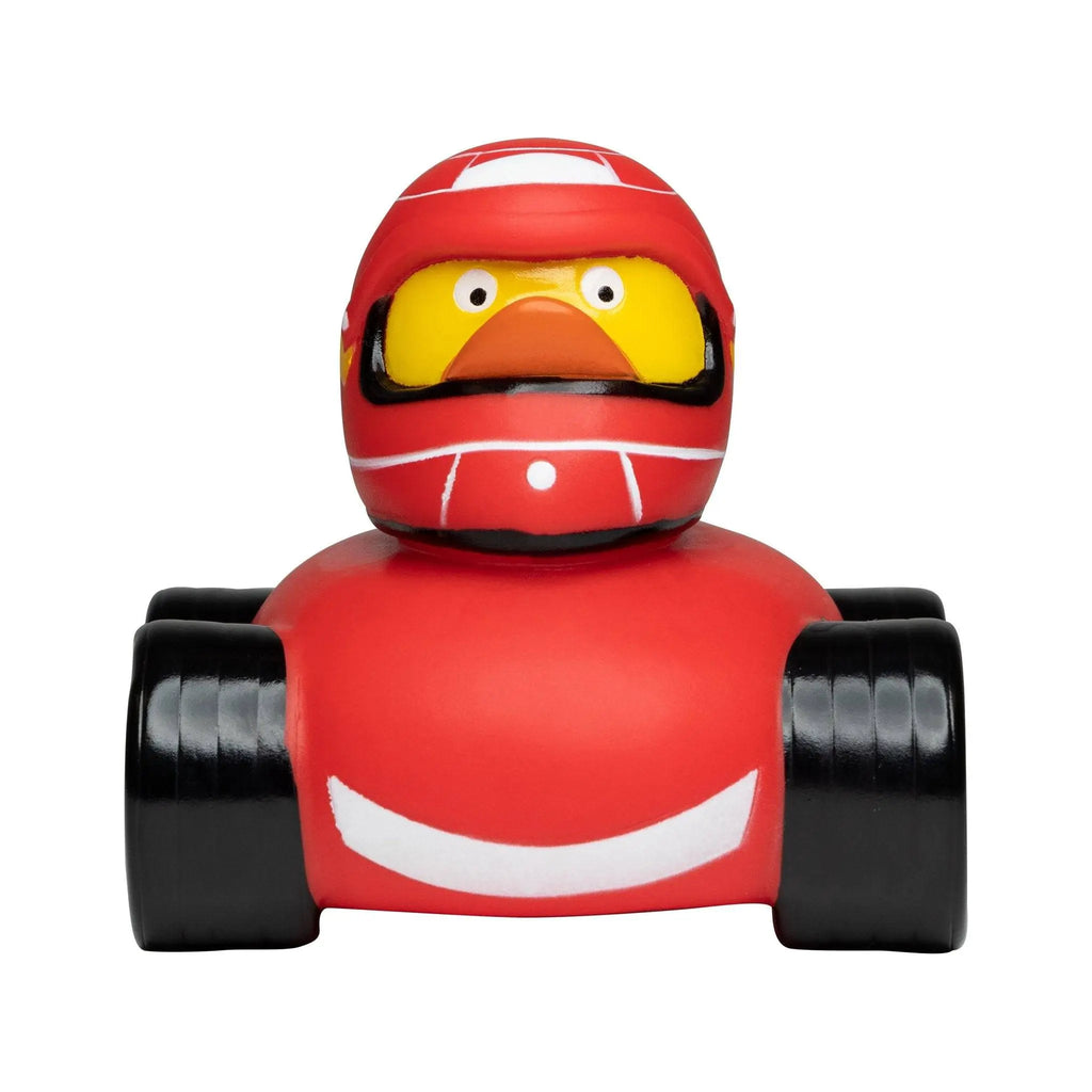 Roter racer duck quietscheente mit rotem rennhelm und schwarz rot weißem go kart für autorennen spaß