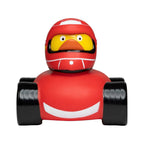 Roter racer duck quietscheente mit rotem rennhelm und schwarz rot weißem go kart für autorennen spaß