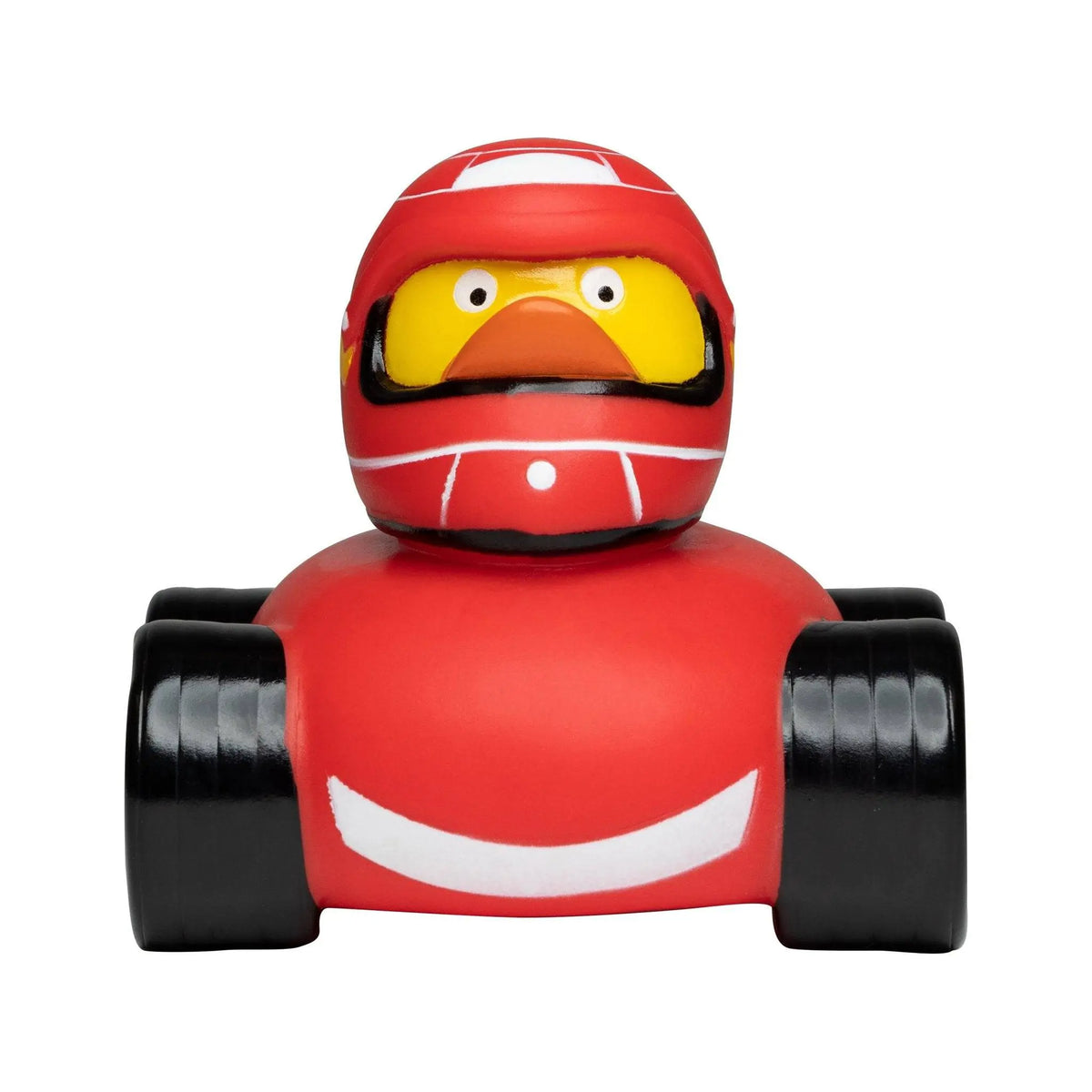 Roter racer duck quietscheente mit rotem rennhelm und schwarz rot weißem go kart für autorennen spaß