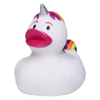 Weiße quietsche-ente mit silbernem horn rosa schnabel lila regenbogenmähne regenbogen einhorn bunt badeente