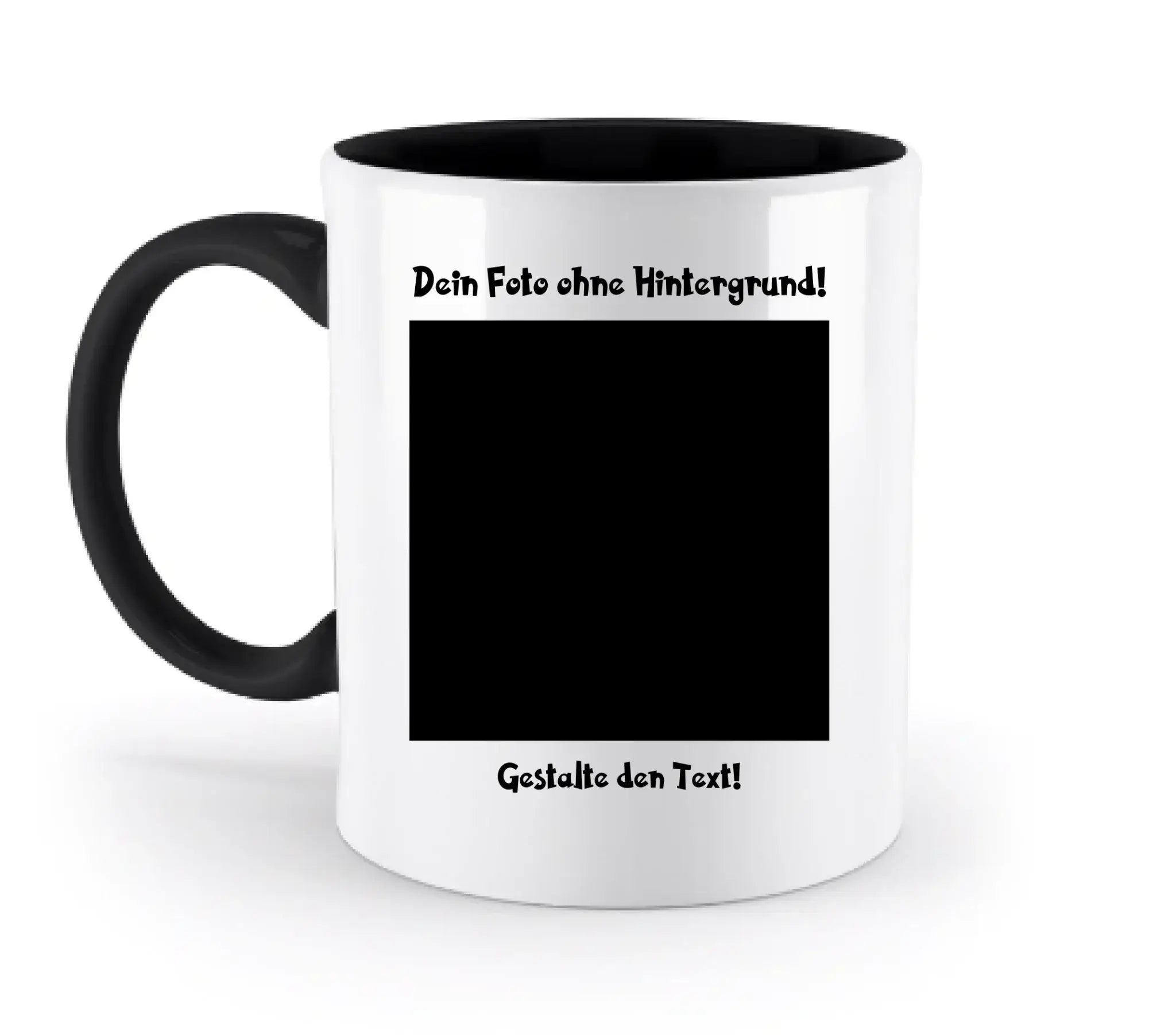 Weiße keramiktasse mit schwarzem griff und innenfarbe, anpassbarer fotobereich mit rahmen und deutschem text