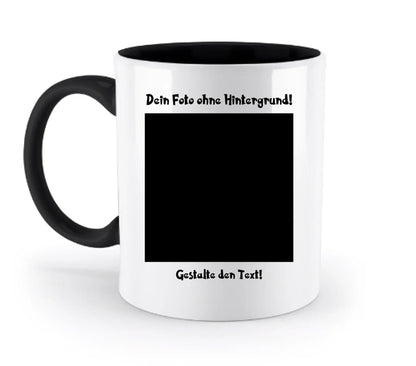 Weiße keramiktasse mit schwarzem griff und innenfarbe, anpassbarer fotobereich mit rahmen und deutschem text