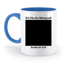 Weiße keramiktasse mit blauem henkel und innenfläche mit dem text dein foto ohne hintergrund zum gestalten