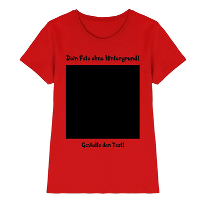 Rotes damen kurzarmshirt mit schwarzem text und großem schwarzen quadrat aus der statement collection