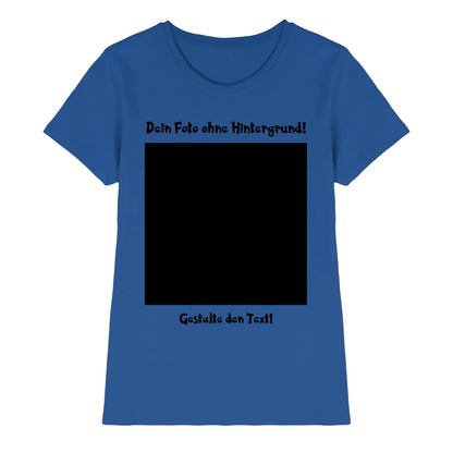 Blaues damen kurzarmshirt mit schwarzem rechteck fotobereich und deutschem text aus der statement collection