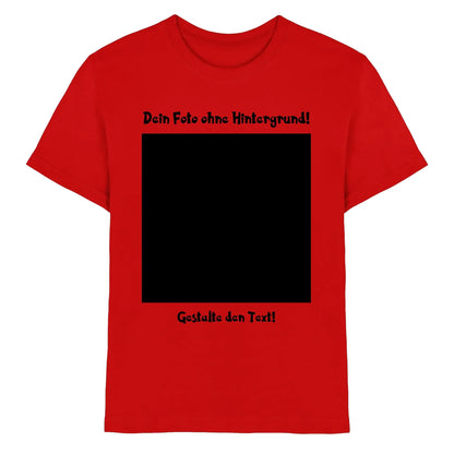 Rotes baumwoll t shirt mit schwarzer schrift und zentralem schwarzem quadrat in statement collection mit wunschtext