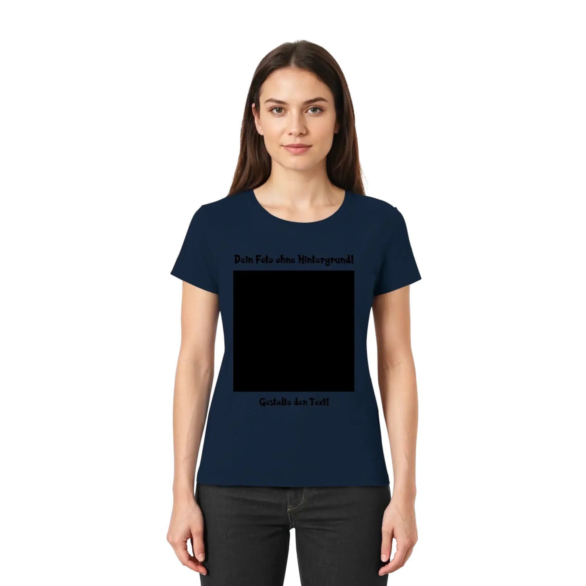 Navyblaue damen t shirt mit kurzem arm und schwarzem quadrat print plus deutschem text aus der statement collection