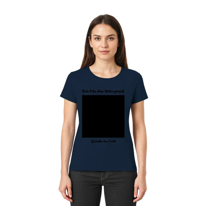 Navyblaue damen t shirt mit kurzem arm und schwarzem quadrat print plus deutschem text aus der statement collection
