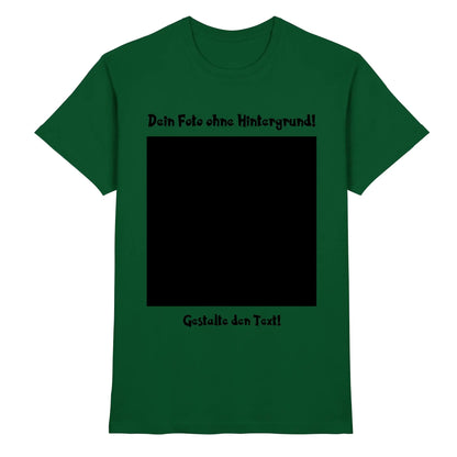 Dunkelgrünes baumwoll t-shirt mit schwarzem text und schwarzem quadrat grafik zentral aus der statement collection