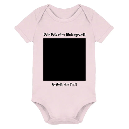 Weicher rosa babybody mit kurzen ärmeln und schwarzem fotofeld sowie gedrucktem deutschen text aus der statement-collection