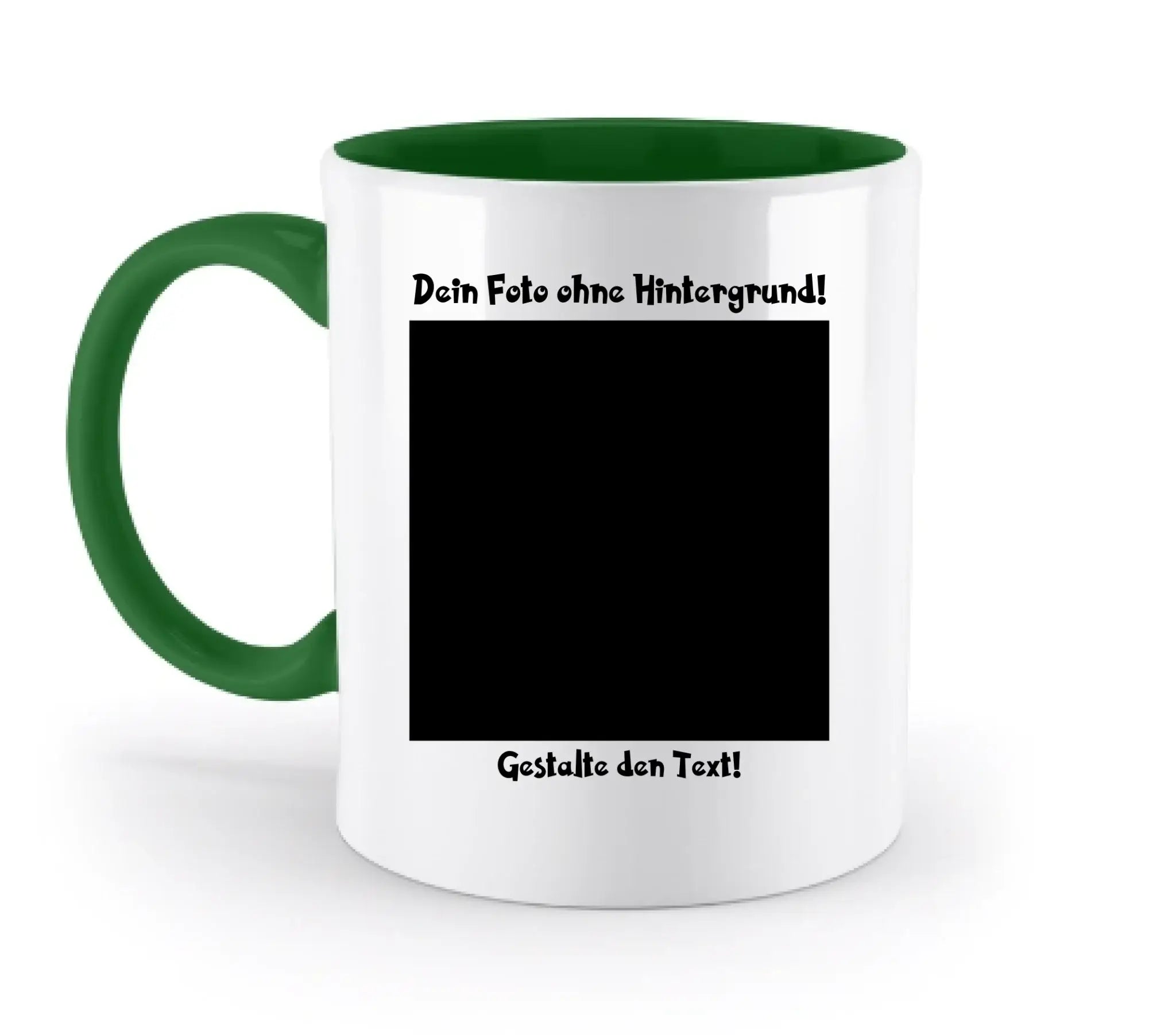 Weiße keramiktasse mit grünem griff und innenbereich mit schwarzem text dein foto ohne hintergrund und bildfeld zum gestalten
