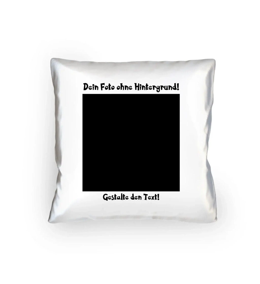 Weißes quadratisches kissen mit schwarzem rechteck und deutschem text in statement-collection design