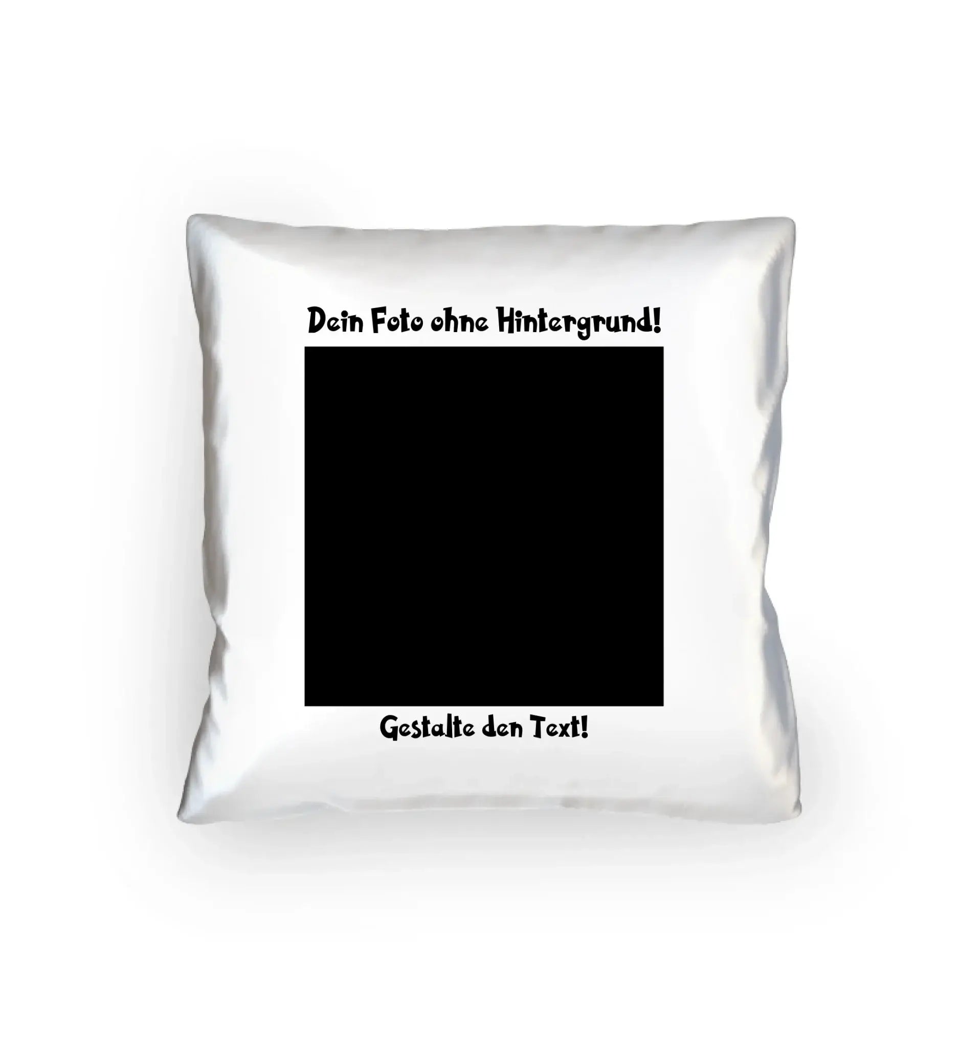 Weißes quadratisches kissen mit schwarzem rechteck und deutschem text in statement-collection design