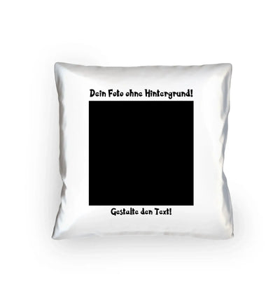 Weißes quadratisches kissen mit schwarzem rechteck und deutschem text in statement-collection design