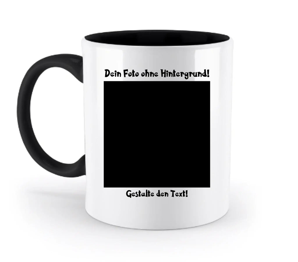 Weiße keramiktasse mit schwarzem griff und innenraum mit rahmen und deutschem text zum foto anpassen aus der statement collection